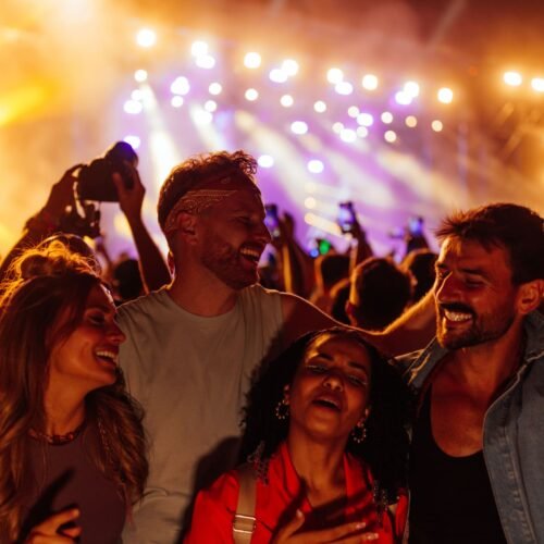 Fans are enjoying and applauding live music concert at night in New Jersey.