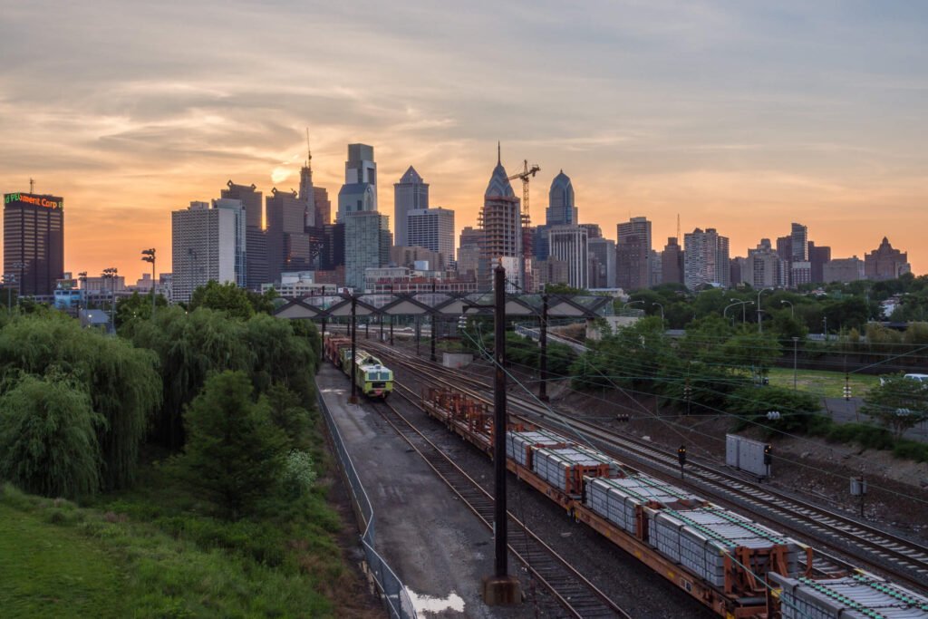 Sunrise over the Philadelphia Skyline.